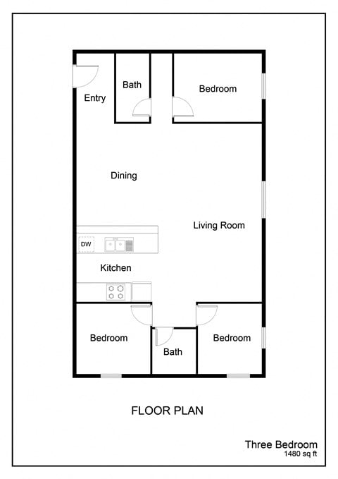 Floor plan for 3 beds, 2 baths, 1228 sqft